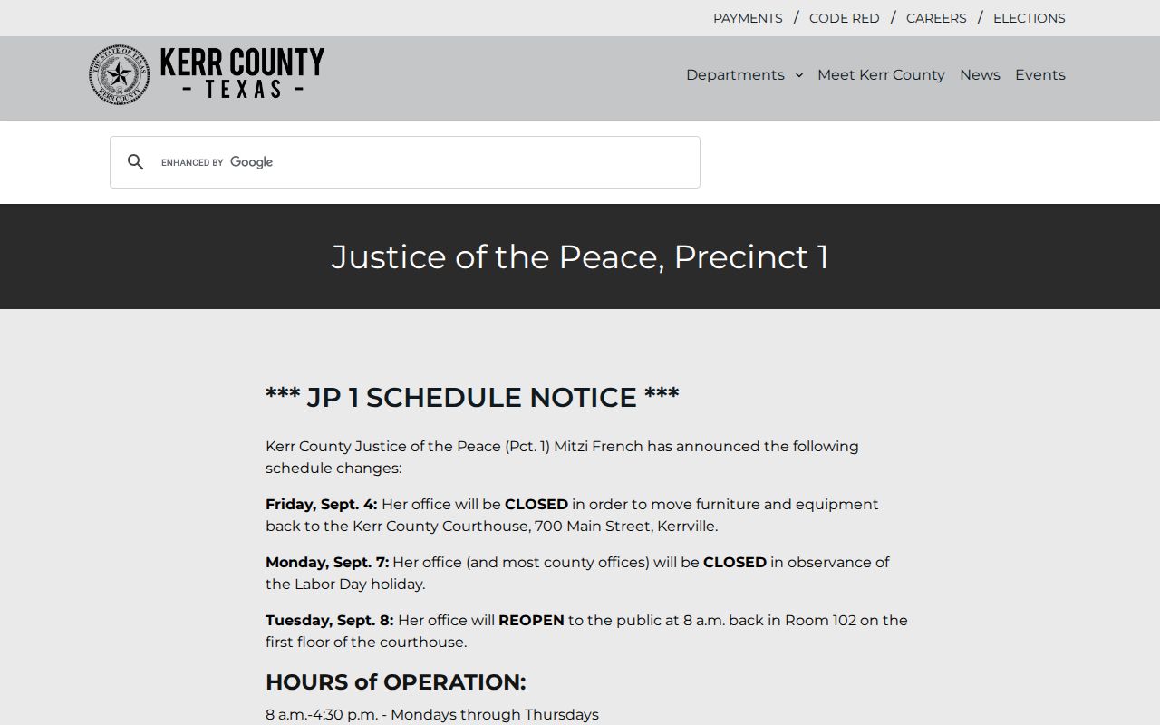 Kerr County warrant lookup reference: JP1 contact and payment information