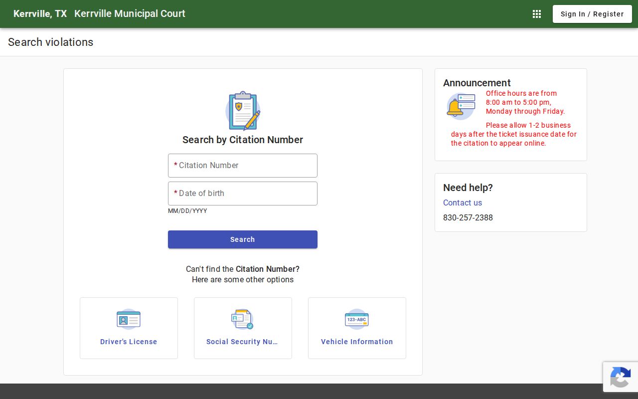 Kerr County warrant search reference: Kerrville municipal citation portal fields