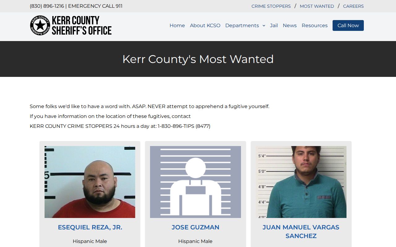 Kerr County most wanted program header and safety notice